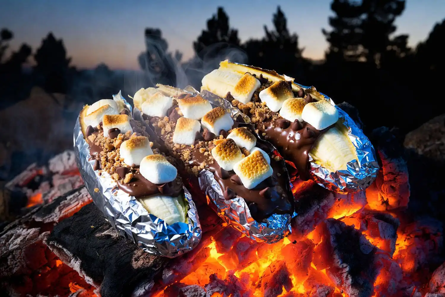 Opened foil wrapped bananas filled with melted chocolate chips marshmallows and graham cracker crumbs resting on glowing campfire coals at dusk
