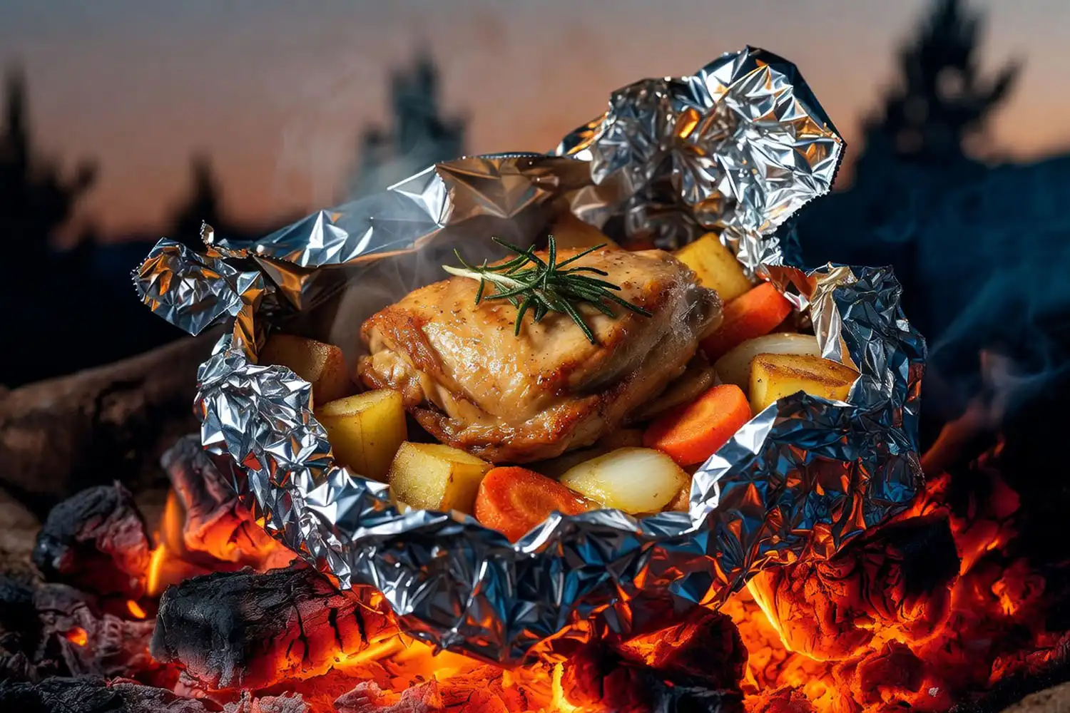 Opened aluminum foil packet on glowing campfire coals revealing seasoned chicken thigh potato wedges carrots and onions with melted butter and rosemary