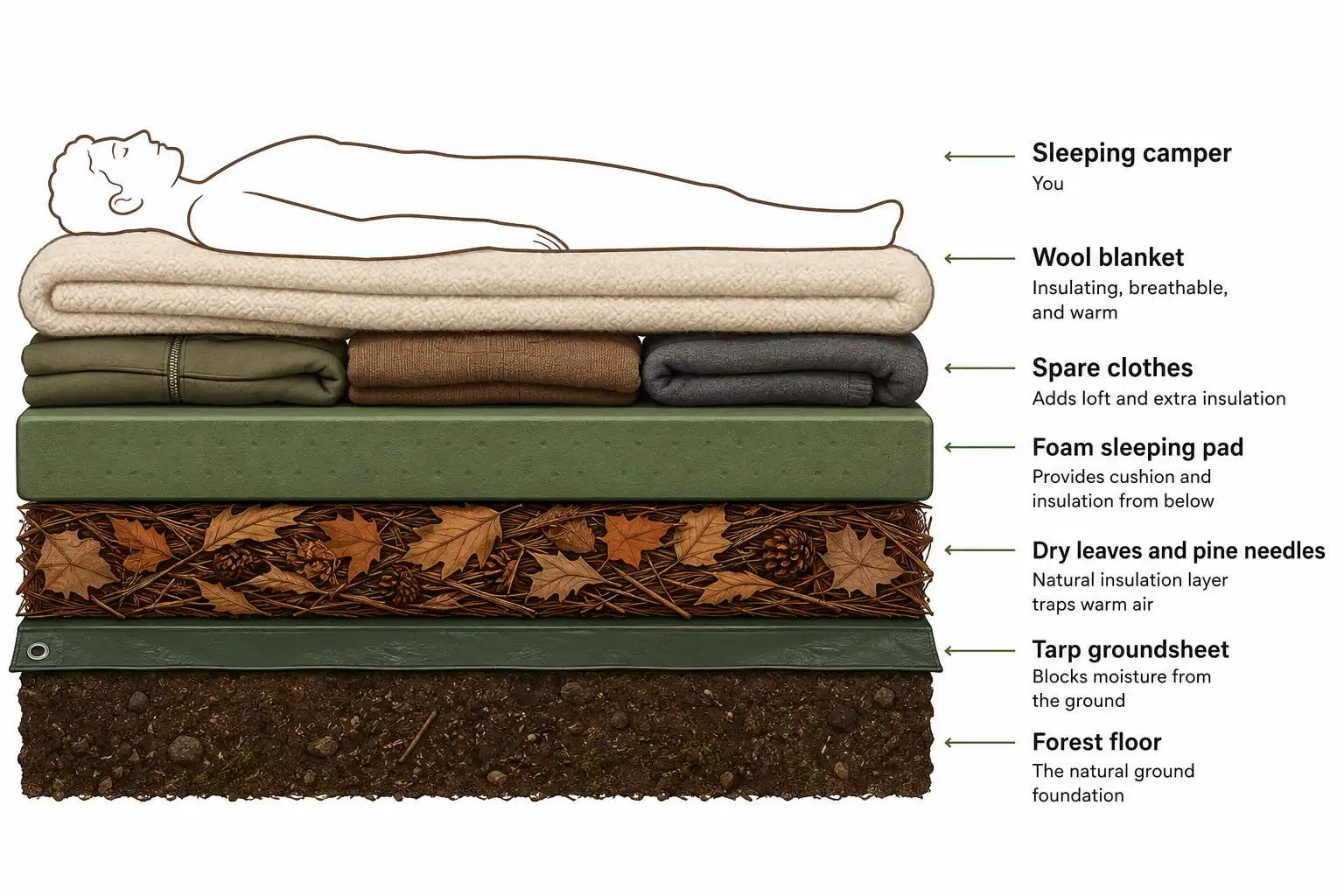 Infographic of stacked ground insulation layers including tarp leaves foam pad clothes and blanket for camping without a sleeping bag