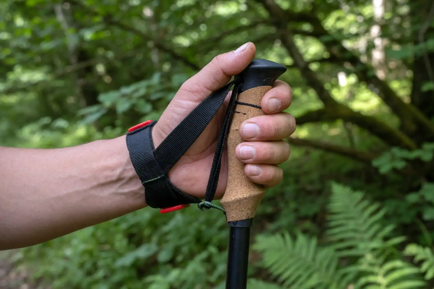 a hiker's hand slipped up through the wrist strap of a hiking pole with a relaxed grip on the handle