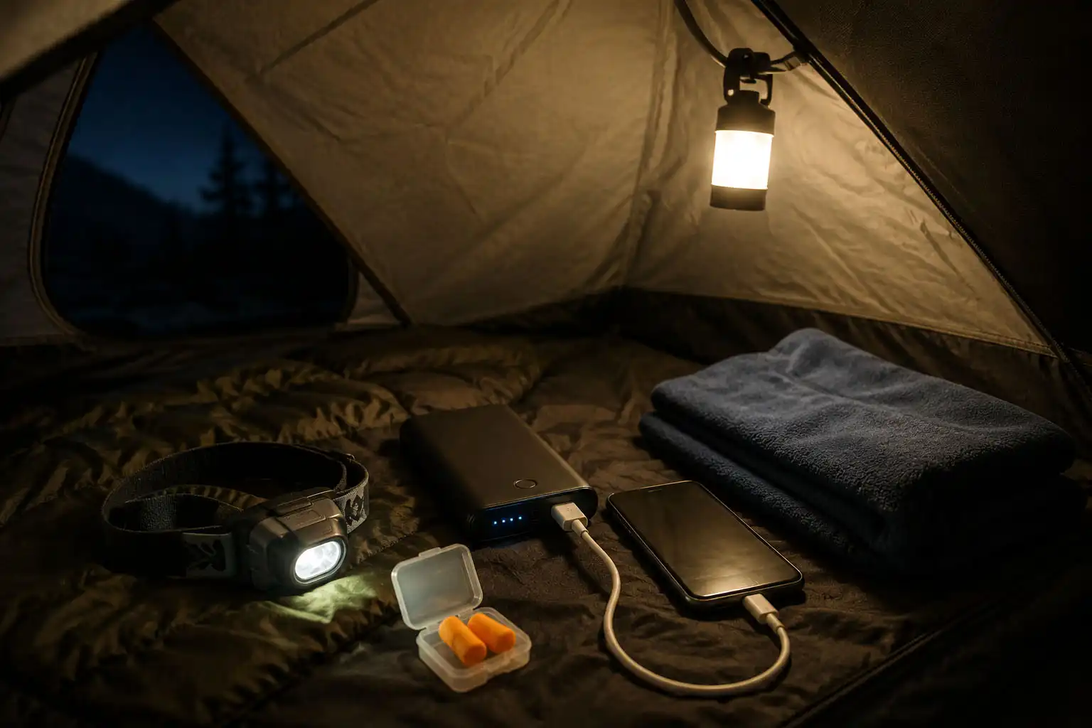 Headlamp and power bank charging phone inside tent at night
