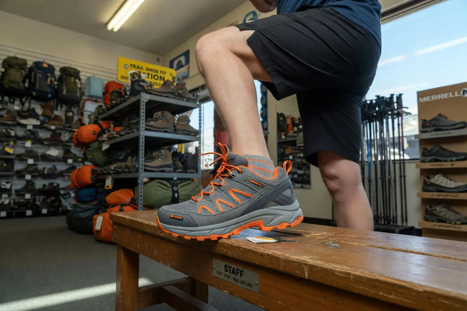 Hiker stepping onto a bench in an outdoor gear store to test whether the heel lifts inside a hiking shoe