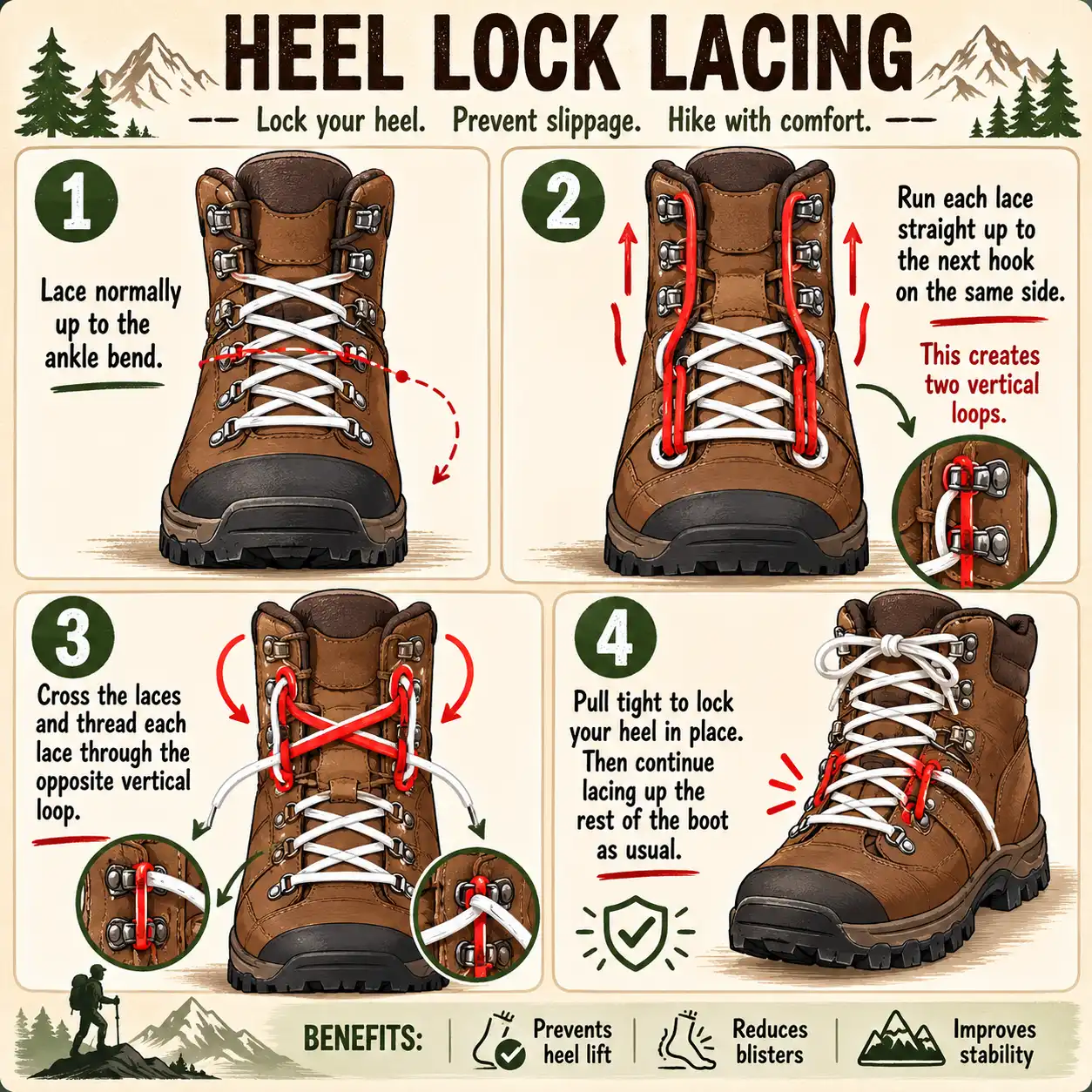 Step by step diagram of how to tie a heel lock surgeon knot on hiking boots to prevent foot slippage