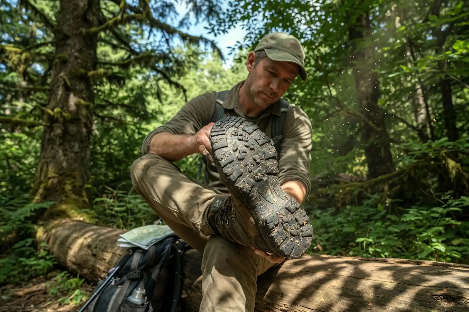 Hiker sitting on a log inspecting the worn outsole of a hiking boot on a forest trail