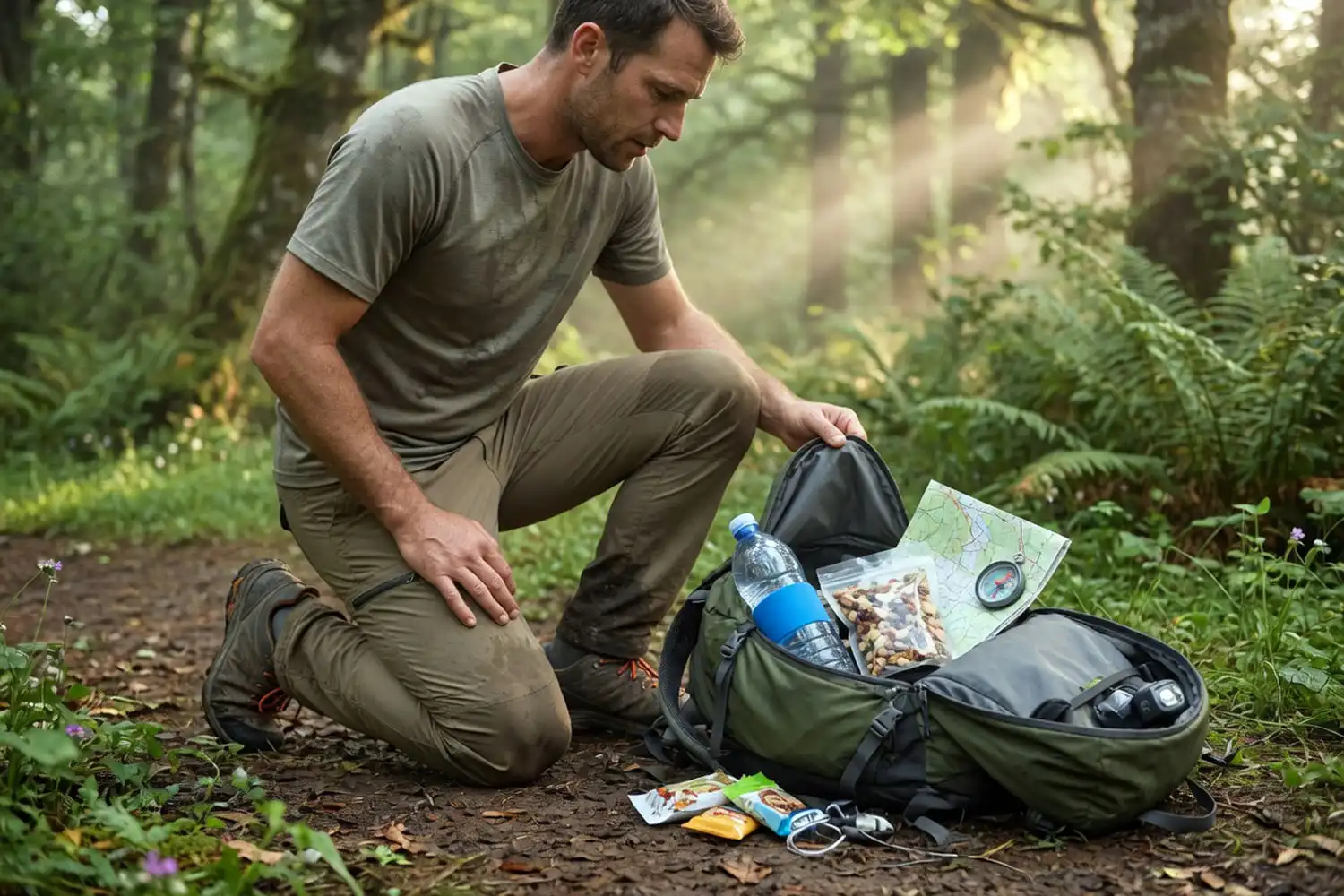 Hiker kneeling beside a 25 liter hiking day pack at a forest trailhead checking gear before starting a day hike