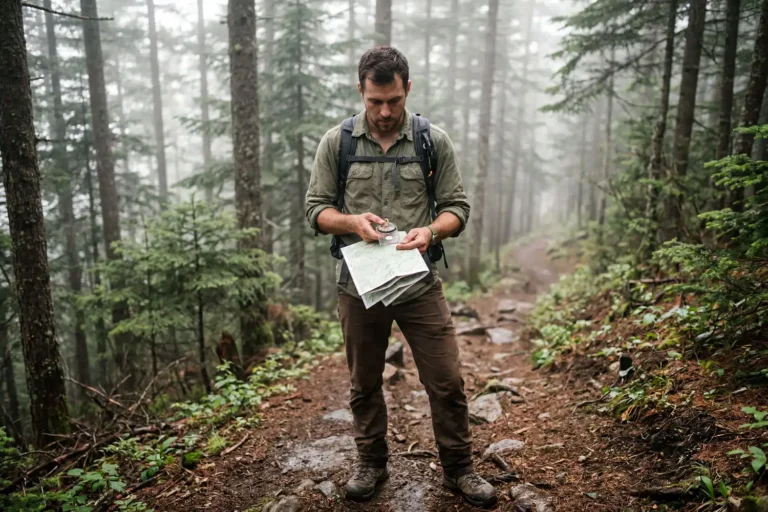 Hiker holding a folded topographic map and baseplate compass while standing on a misty forest trail in unfamiliar terrain