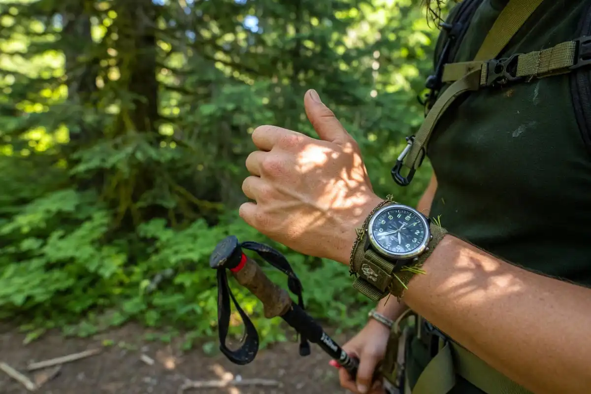 Day hiker checking a wristwatch on a shaded forest trail with daypack and trekking poles