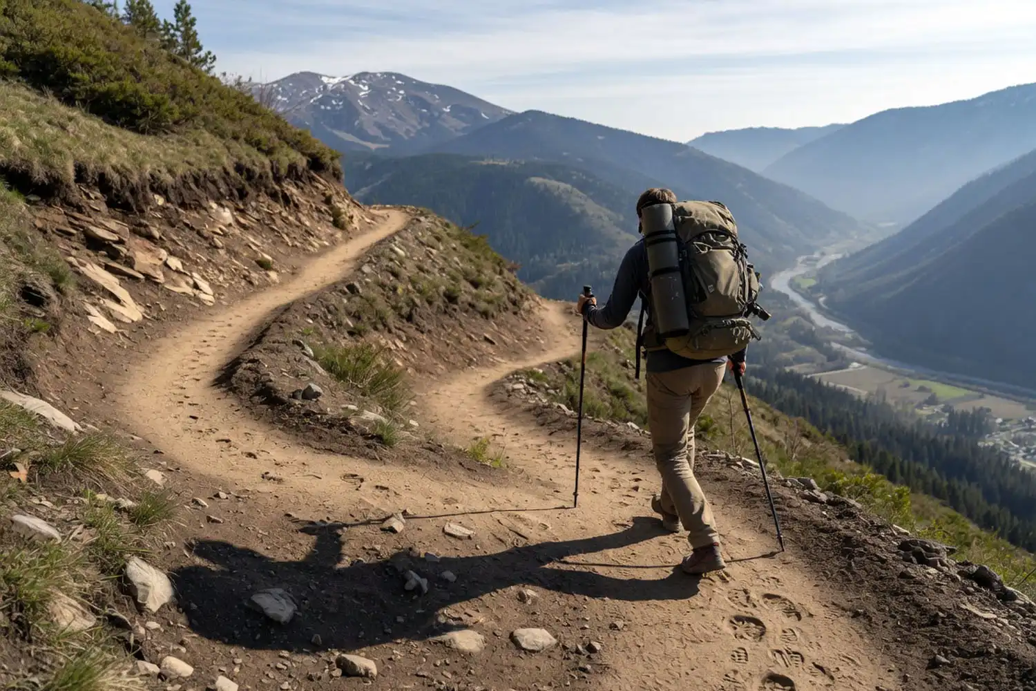 Solo hiker with backpack and trekking poles ascending a switchback trail on a steep mountain ridge