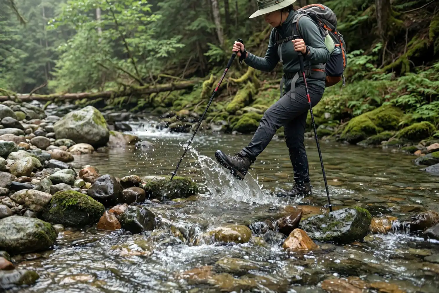 Backpacker crossing a rocky shallow stream using two hiking poles for balance