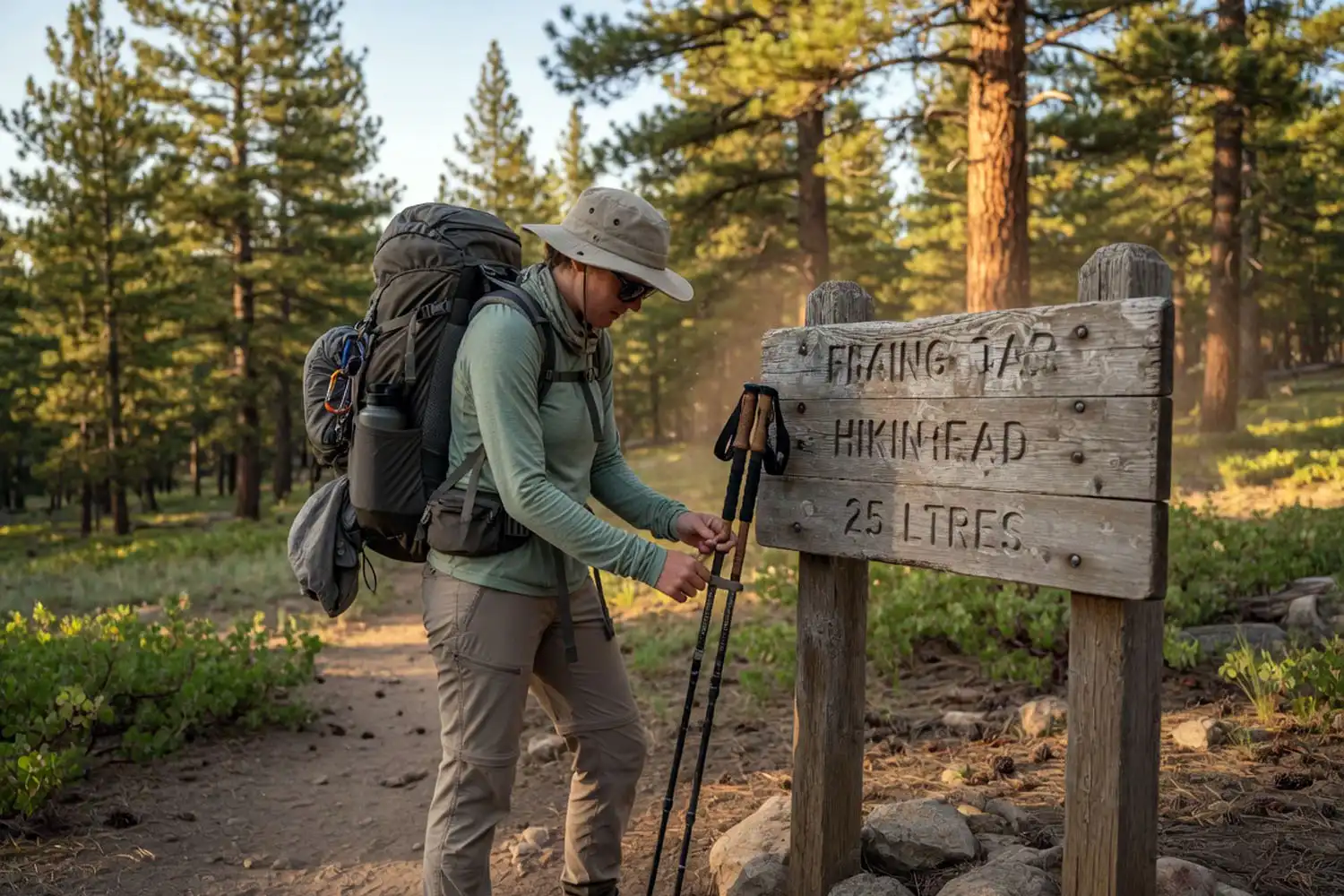 Hiker tightening the hip belt of a loaded day pack while standing beside a wooden trailhead sign in a pine forest