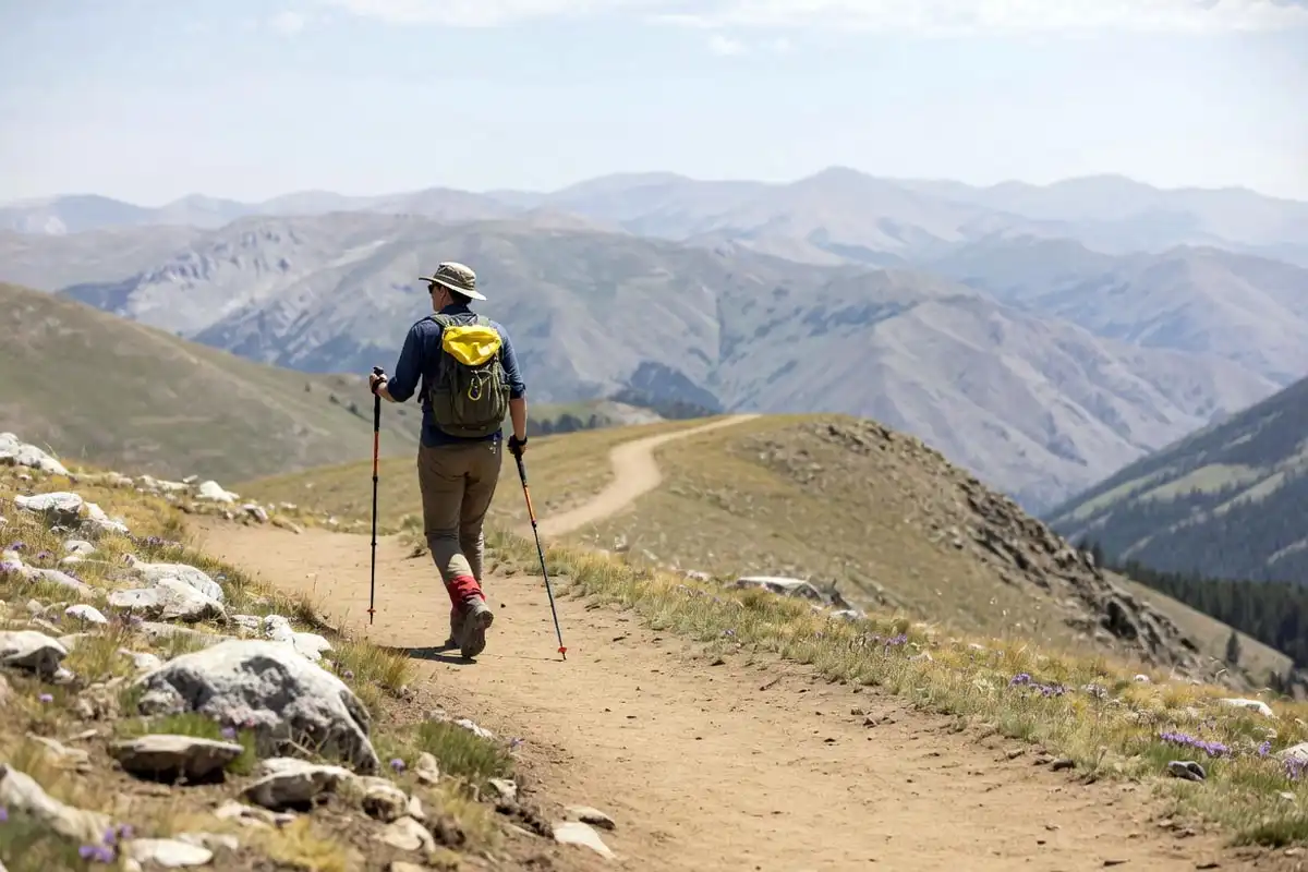 Solo hiker walking a wide ridge trail with mountain views and clear sky during a day hike