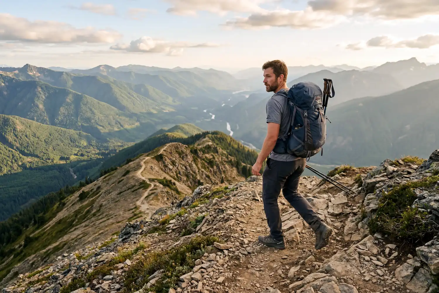 Solo hiker pausing on a rocky ridge trail and turning around to study the path behind him to remember the route