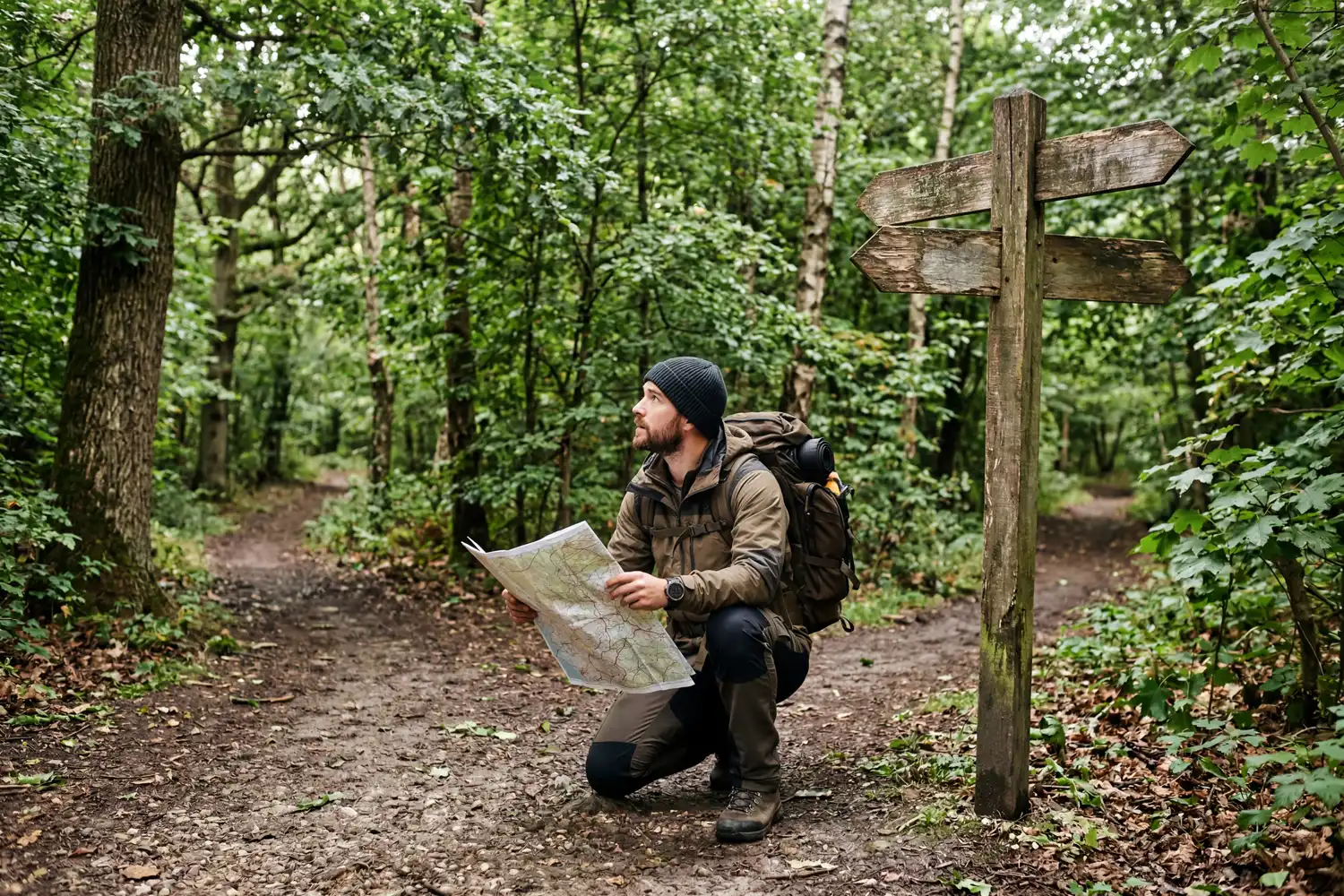 Hiker stopped at a forest trail junction with a wooden signpost, reading a topographic map to decide which way to go