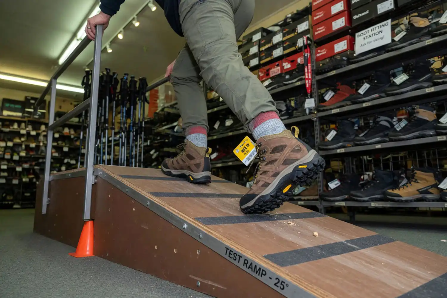 Hiker wearing fully laced hiking boots walking up a wooden incline ramp inside an outdoor gear store