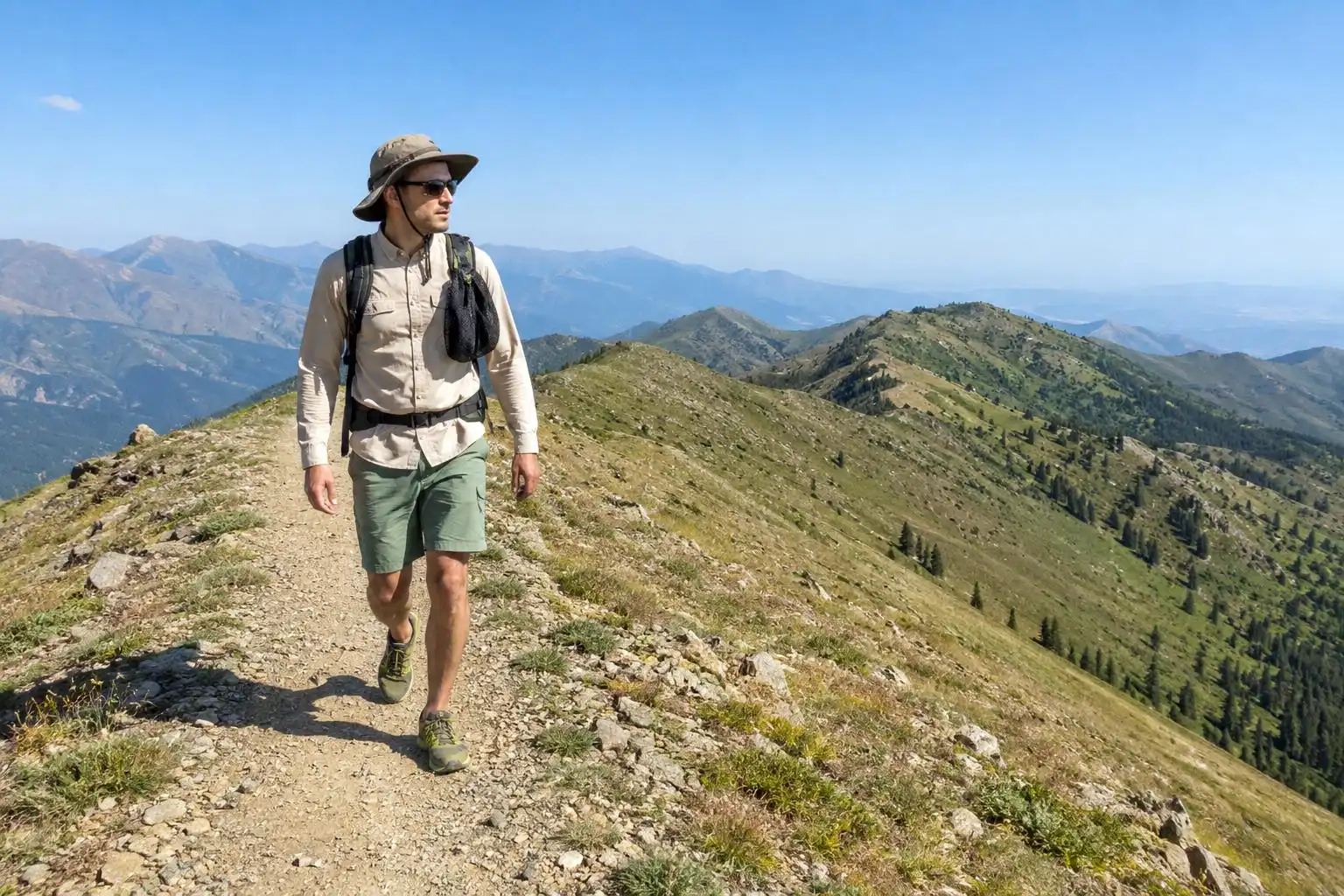 Hiker in a long-sleeve sun hoody, hiking shorts, and a wide-brim hat walking a sunny ridge trail in summer