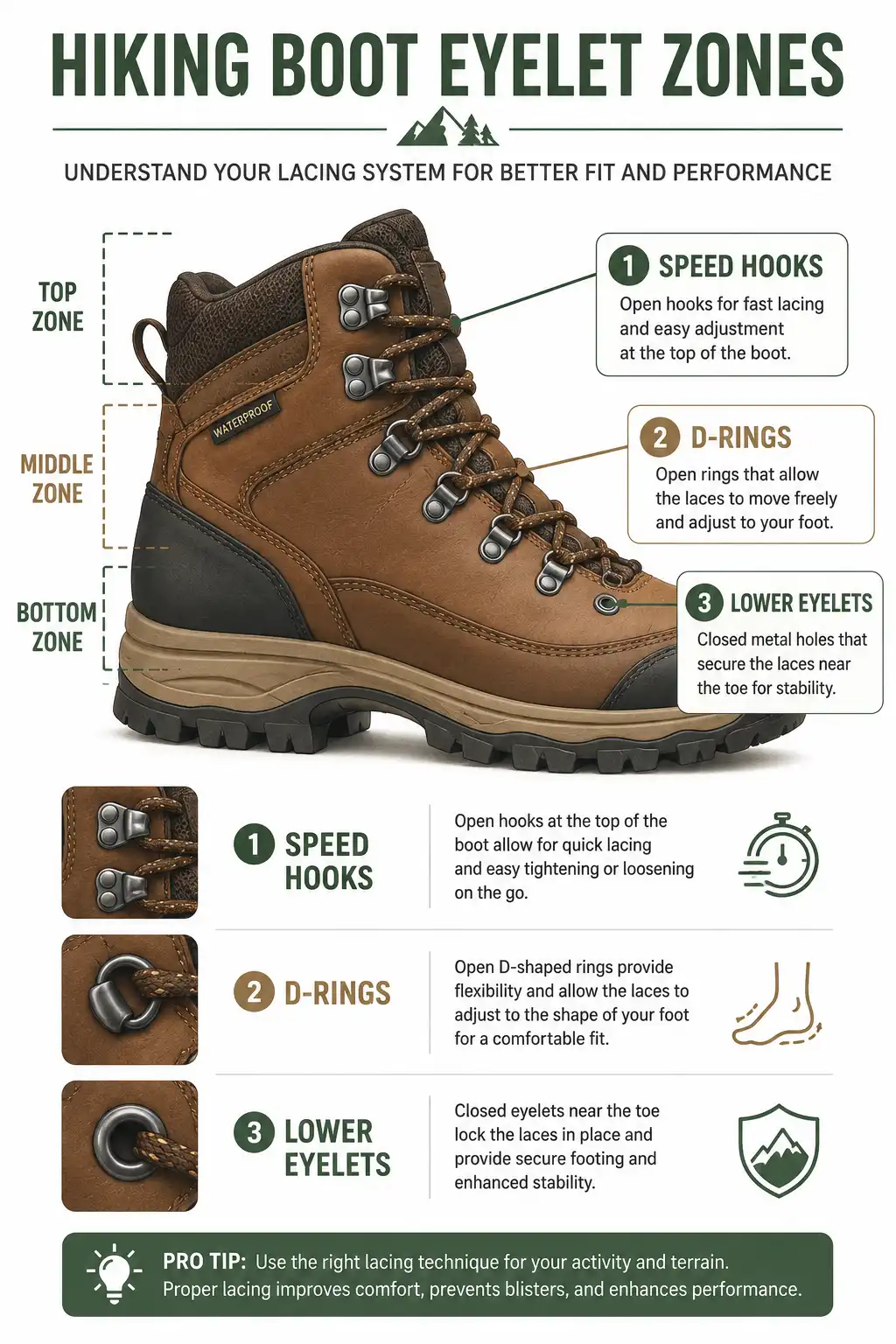 Infographic of the three eyelet types on a hiking boot including lower eyelets D rings and speed hooks