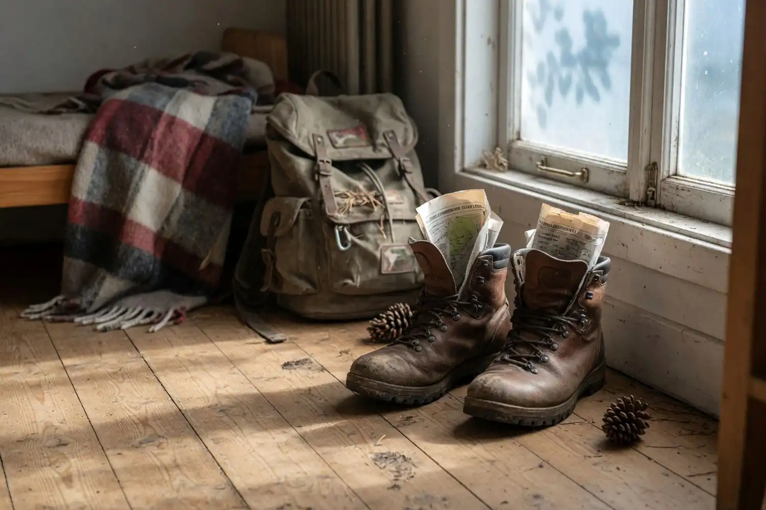 Two leather hiking boots drying upright on a wooden floor with newspaper stuffed inside for shape