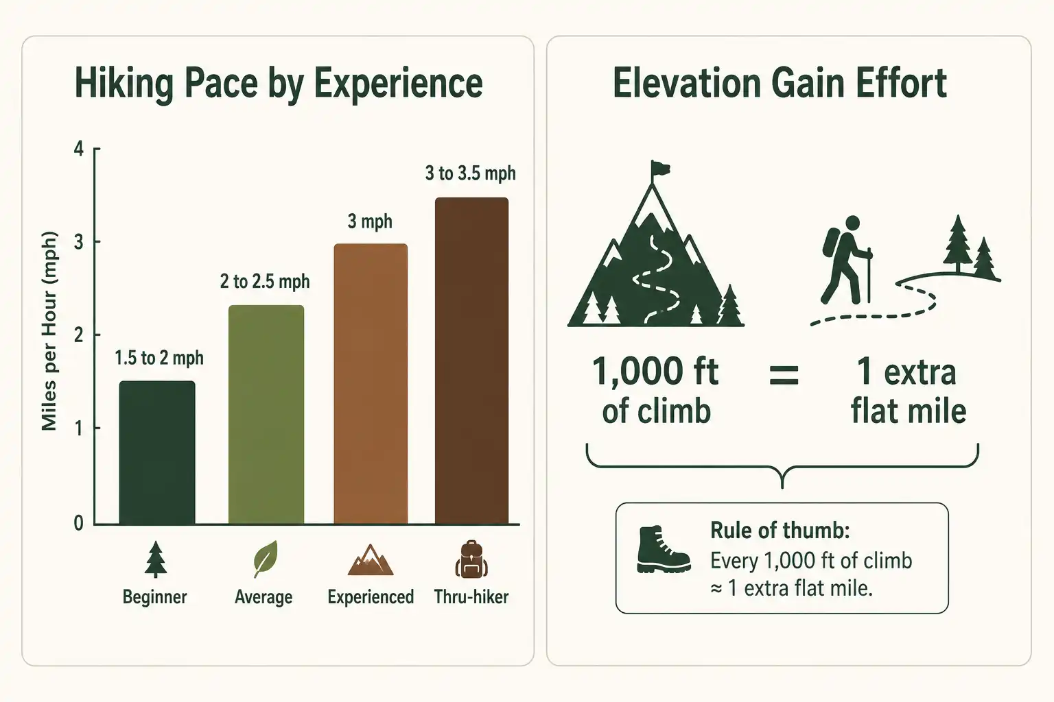 Infographic of hiking pace by experience level and how elevation gain affects daily mileage