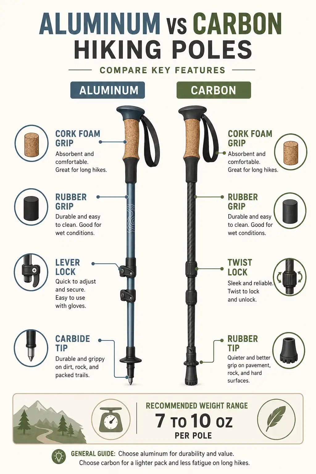 Comparison infographic of aluminum and carbon hiking poles showing locks grips and tip types