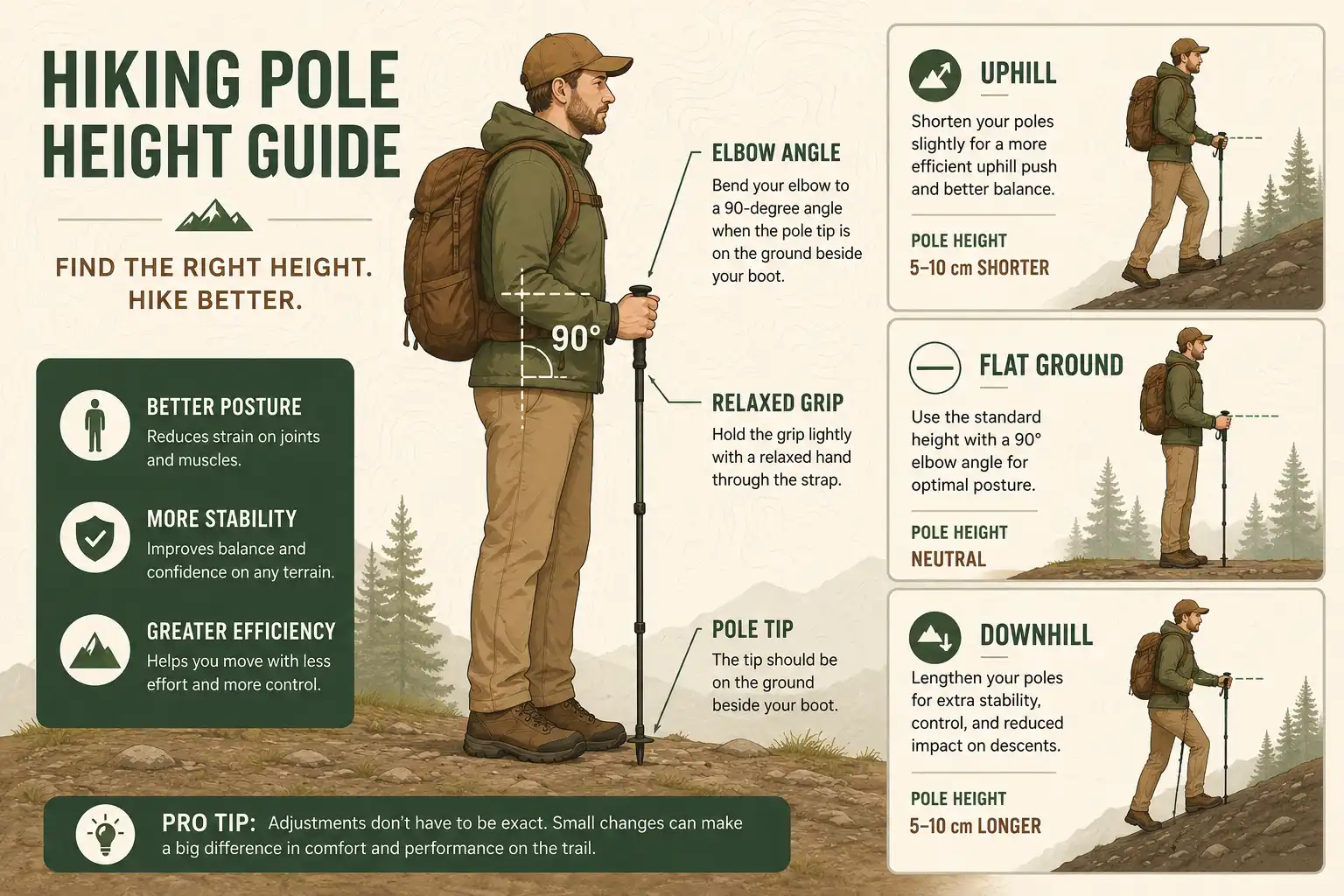 Infographic of how to adjust hiking pole height so the elbow forms a 90 degree angle when the tip touches the ground