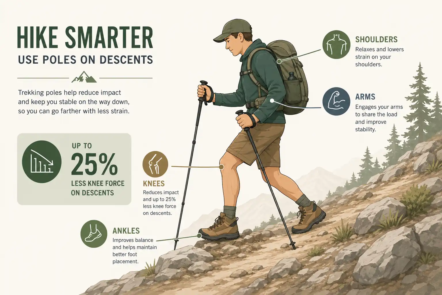 Infographic of how hiking poles transfer load from knees to arms during downhill walking