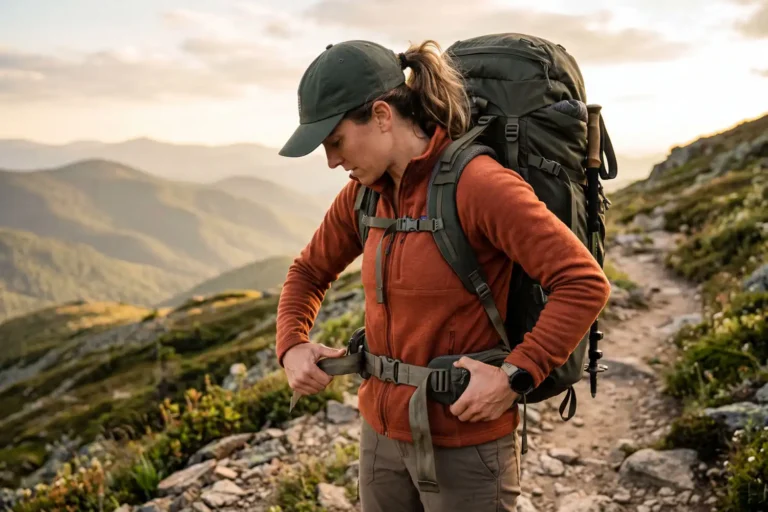 Hiker adjusting backpack hip belt on a mountain trail