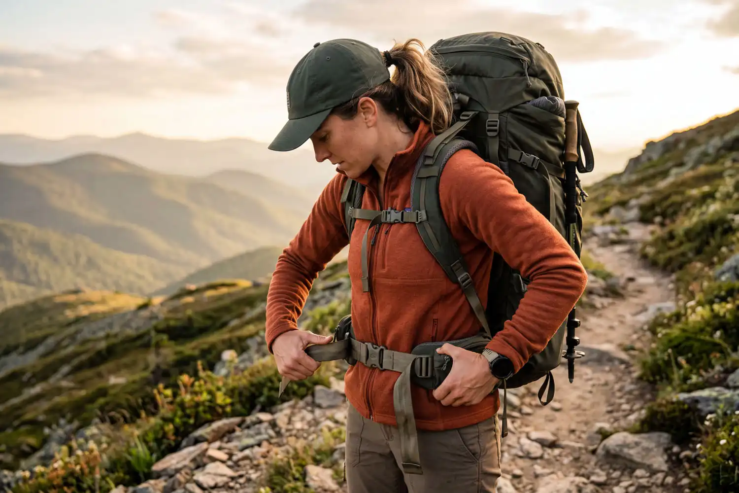 Hiker adjusting backpack hip belt on a mountain trail