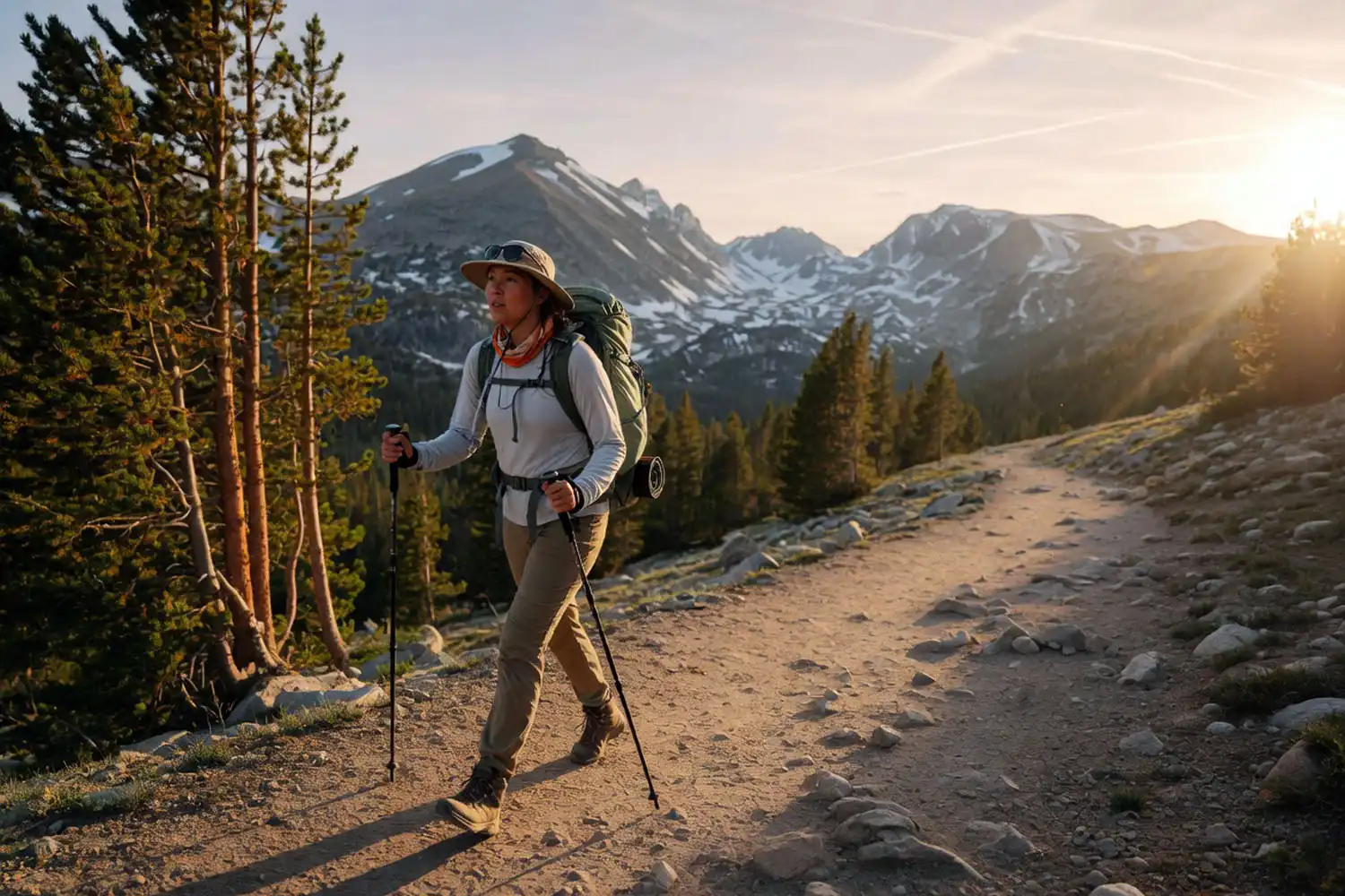 Solo hiker walking on a wide mountain trail using two telescopic hiking poles in active stride