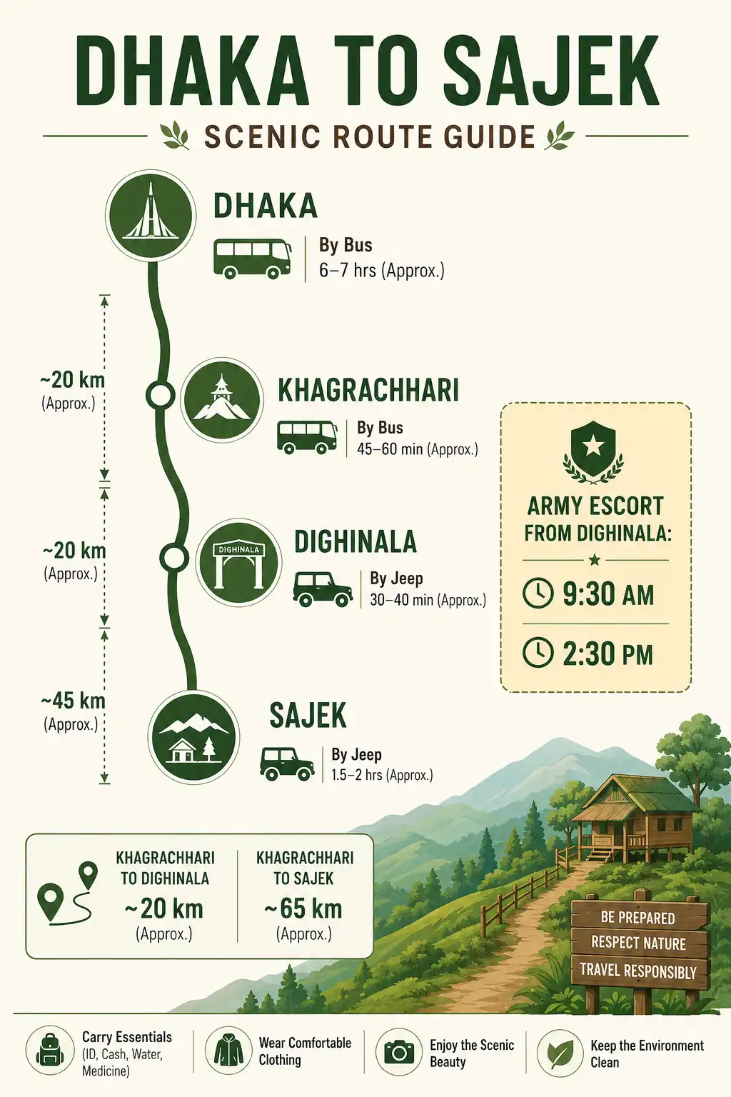 Infographic route map of Dhaka to Khagrachhari to Dighinala to Sajek with army escort times