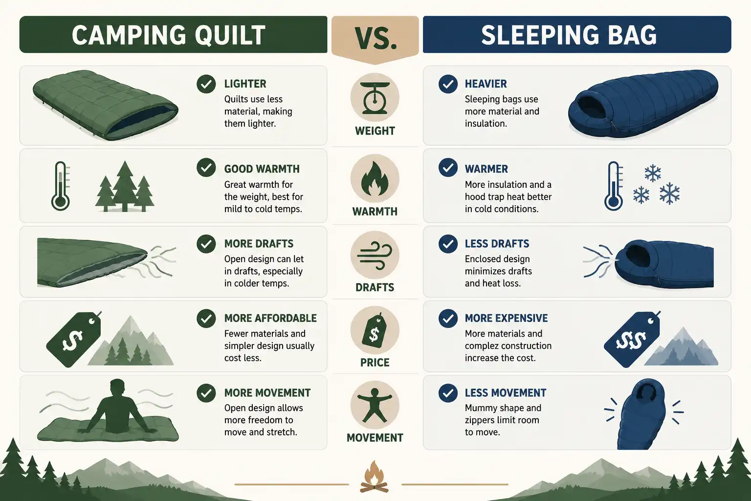 Infographic comparing camping quilt and sleeping bag by weight, warmth, drafts, price, and movement