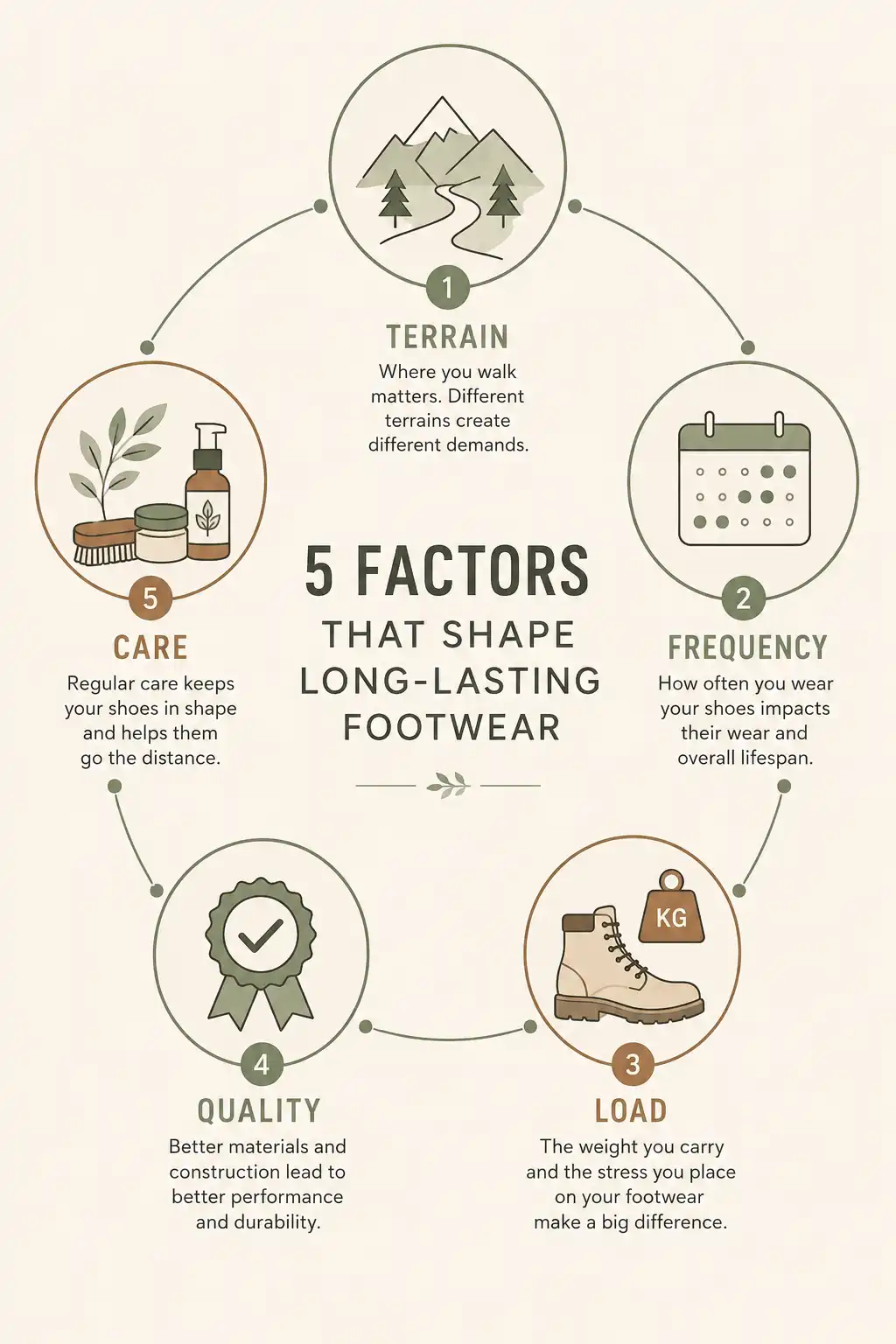 Infographic of five factors that affect how long hiking boots last including terrain frequency load quality and care