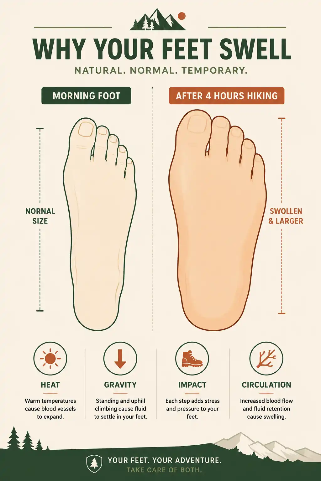 Infographic illustration of how feet swell up to half a size larger after several hours of hiking on the trail