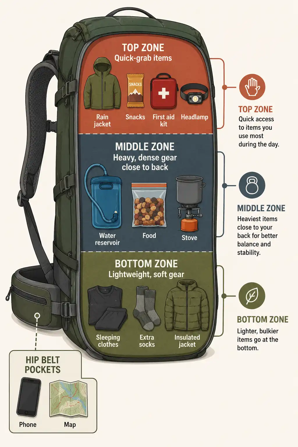 Cutaway infographic of the correct layering of items in a hiking day pack with light gear at the bottom heavy gear in the middle and quick access items on top