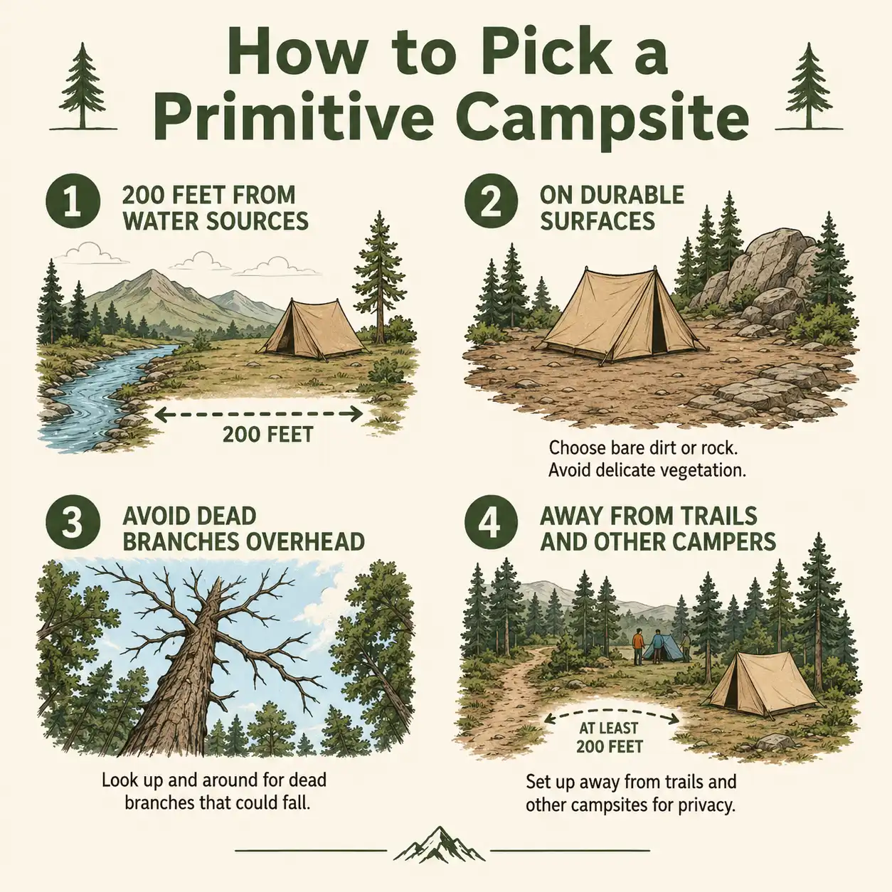 Infographic of the 200 foot rule and key checks for choosing a safe primitive campsite on public land