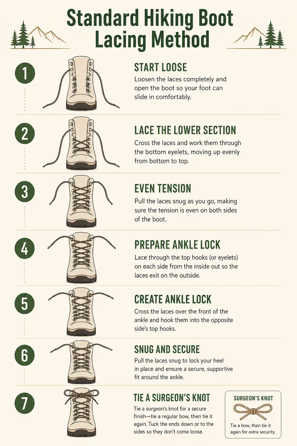 Step by step infographic of how to lace a hiking boot from toe to ankle with a surgeon’s knot heel lock