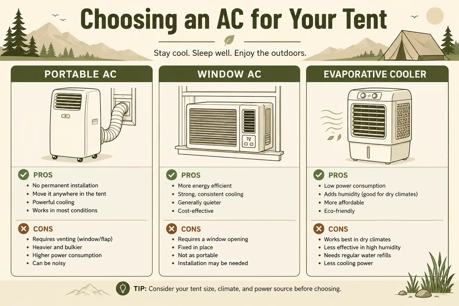 Infographic comparing portable AC, window AC, and evaporative cooler for tent camping use with pros and cons