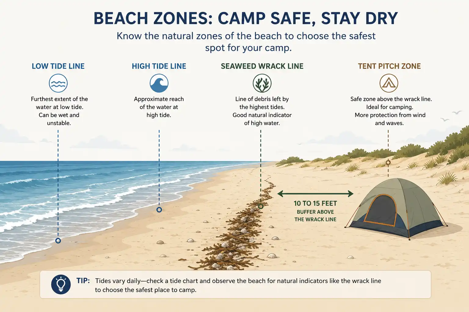 Infographic of the safe distance to pitch a tent above the high tide line on a beach with labeled wrack line and buffer zone