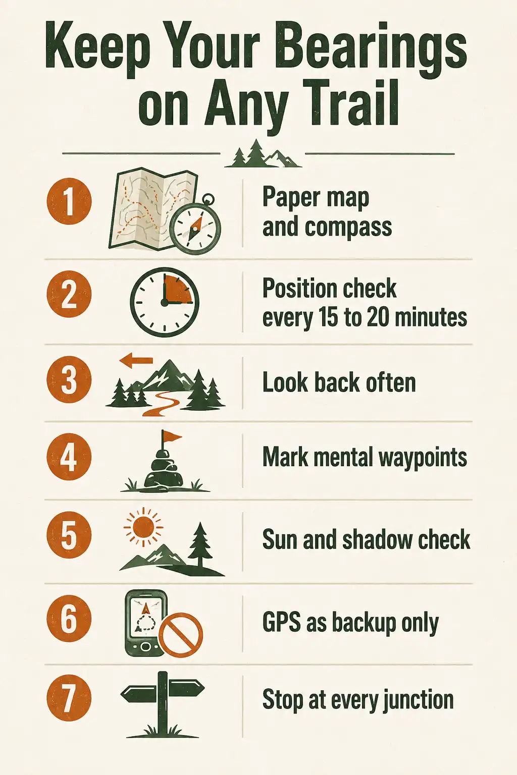 Infographic listing seven habits hikers use to keep their bearings in unfamiliar terrain, including map use, position checks, and junction pauses