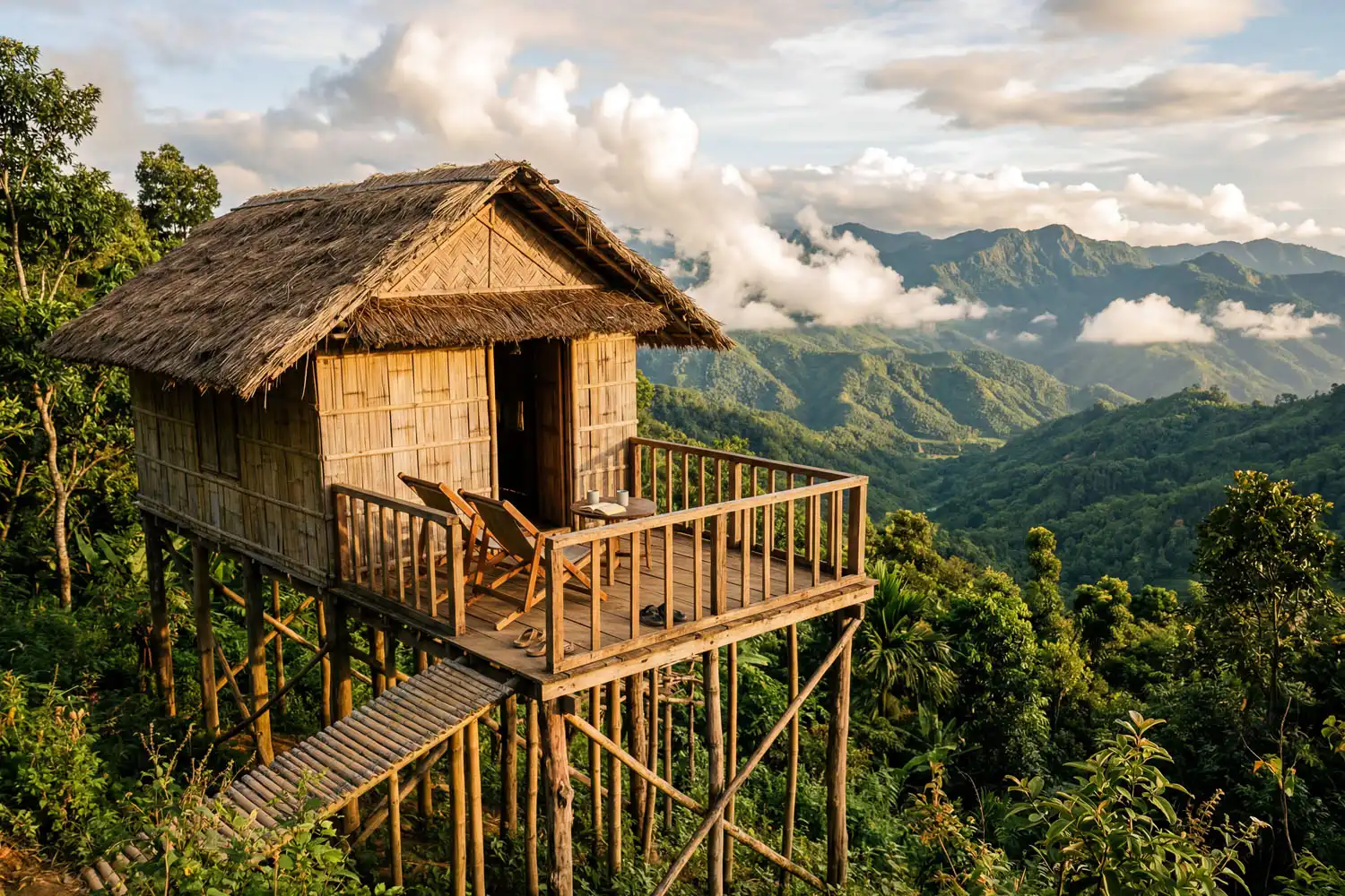 Traditional jhum ghor resort hut with a balcony overlooking the green hills of Mirinja Valley