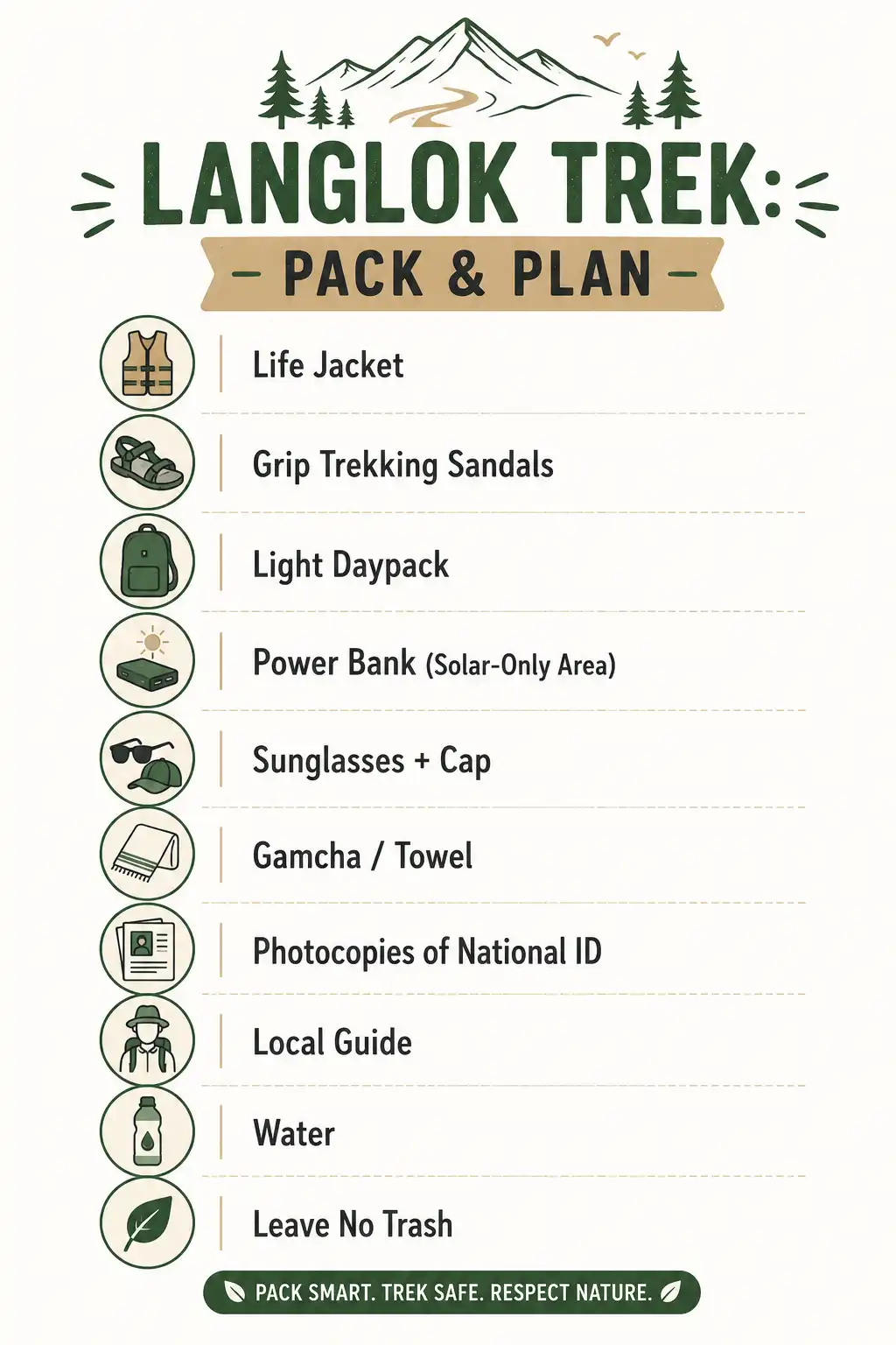 Infographic checklist of essential travel tips and packing items for trekking to Langlok Waterfall