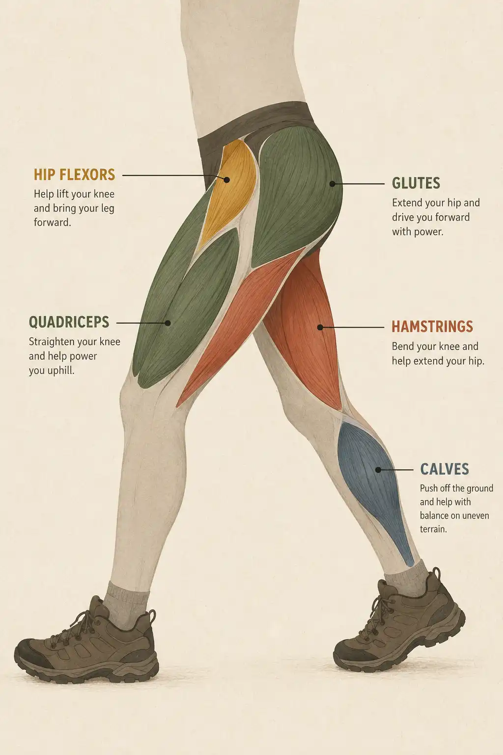 Infographic of quadriceps glutes hamstrings and calves activated during hiking