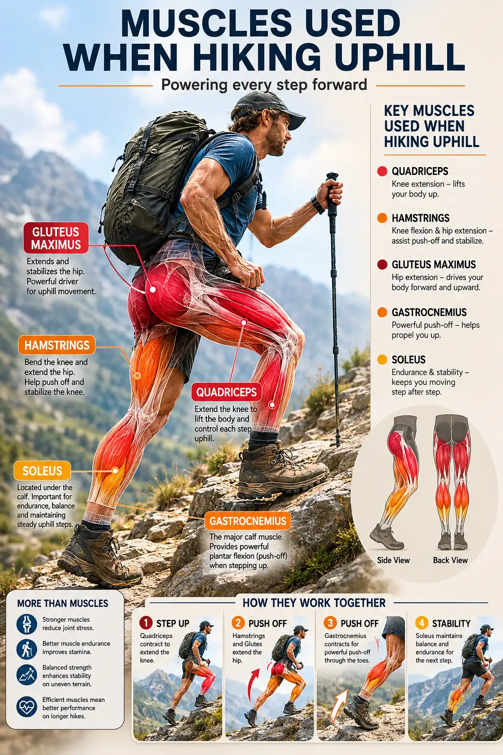 Anatomical diagram of the quadriceps hamstrings glutes and calves engaged during hiking