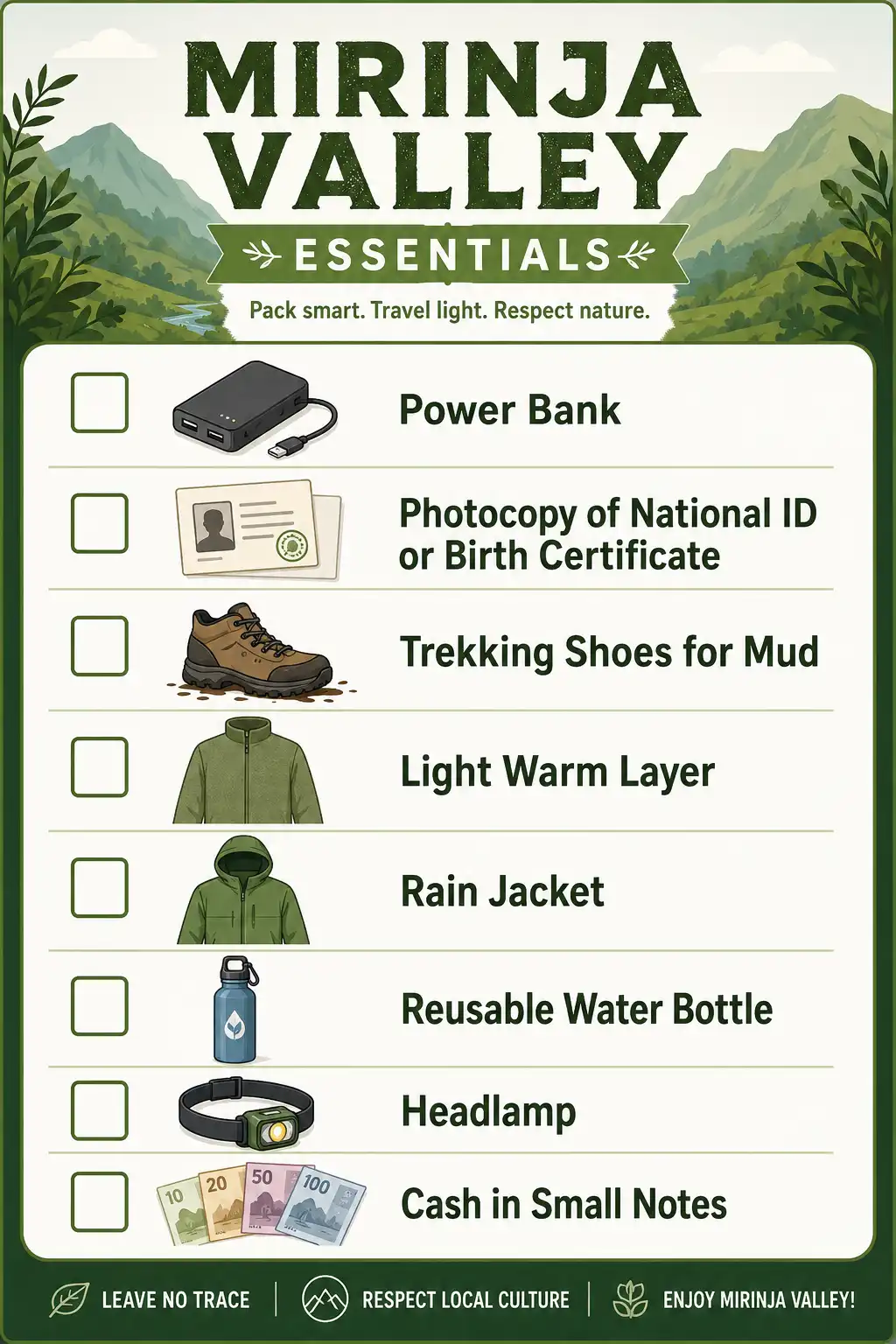 Checklist infographic of essentials to pack for a Mirinja Valley trip including power bank and ID copy