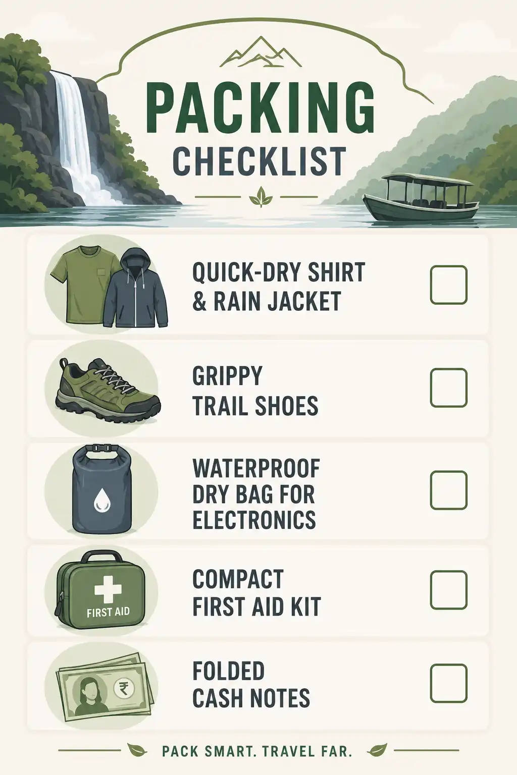 Infographic checklist of monsoon gear for visiting Kumari Waterfall including quick-dry clothing, grippy shoes, dry bag, first aid, and cash