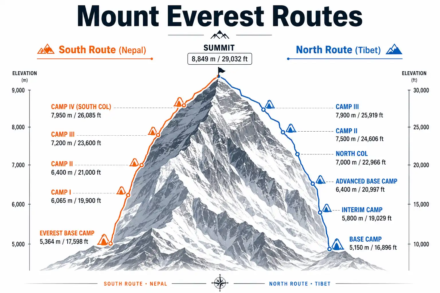 Infographic of all Mount Everest camps on the south and north routes with elevations in meters and feet