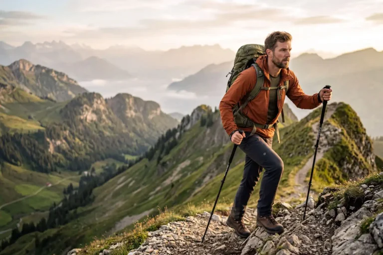 Hiker climbing a mountain ridge trail showing the leg and core muscles hiking works