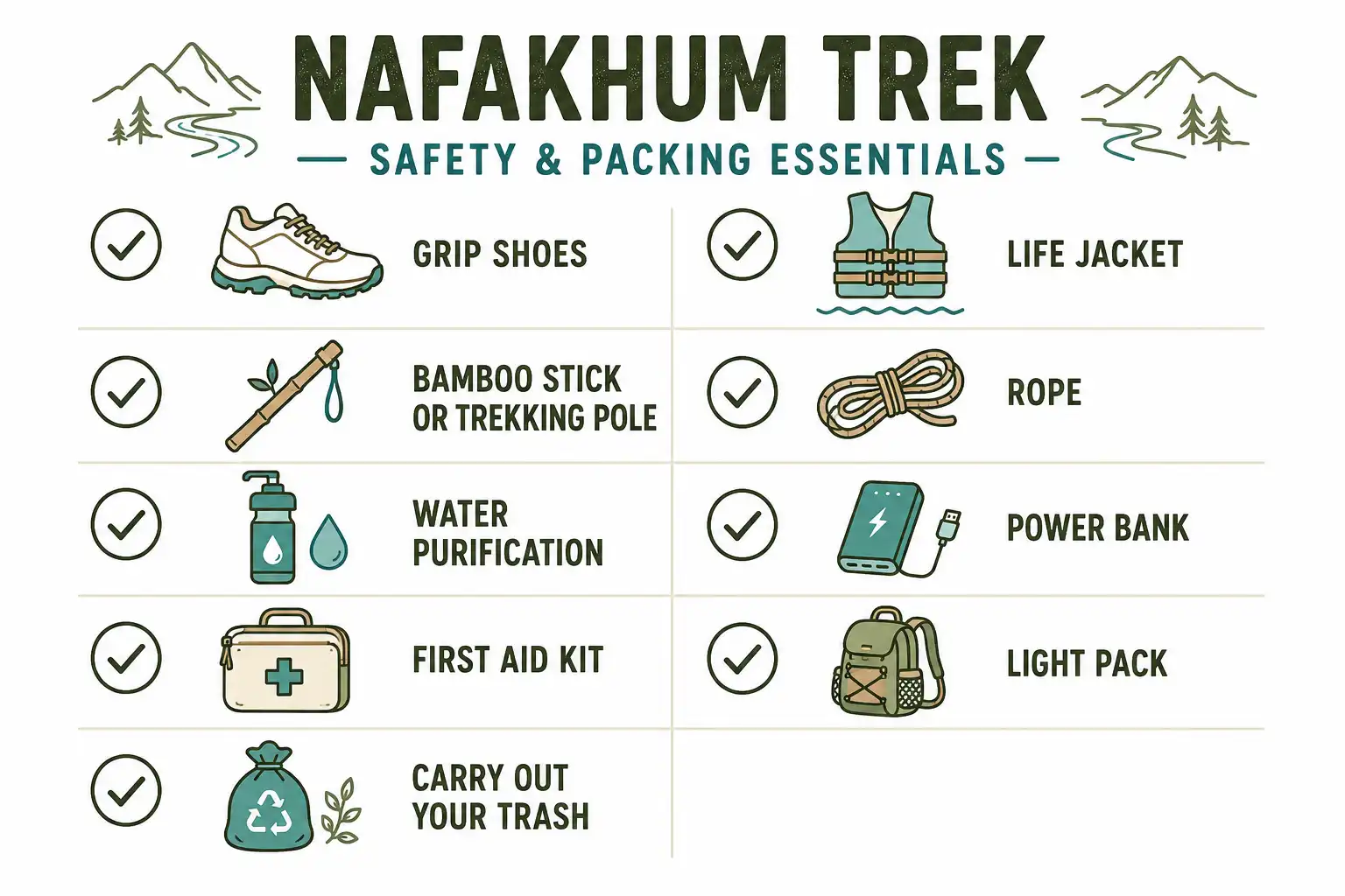 Safety and packing checklist infographic for trekking to Nafakhum Waterfall