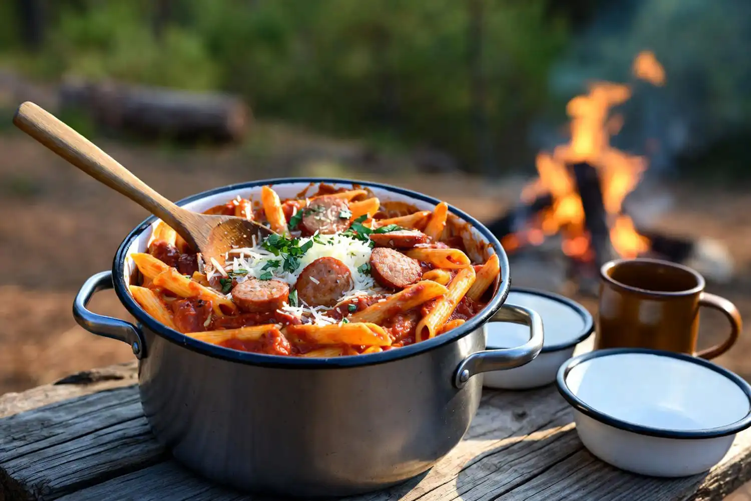 Large camp pot of penne pasta in tomato sauce with sliced sausage and melted parmesan on a picnic table beside a small campfire