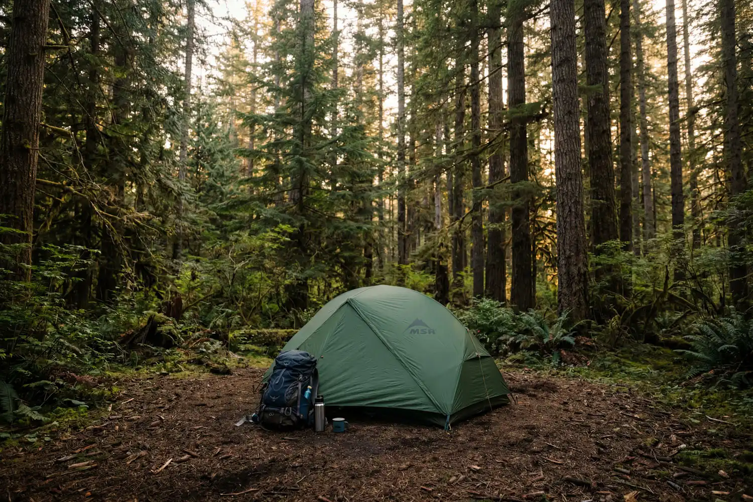 Primitive campsite with single tent in remote forest clearing