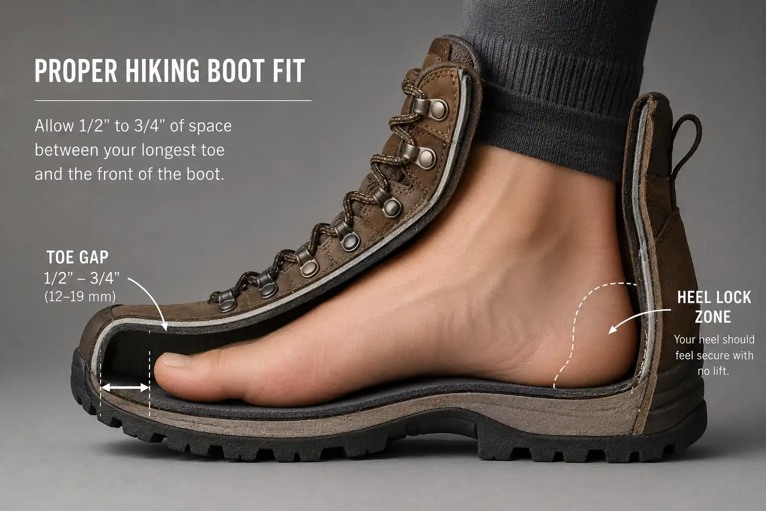 Side view diagram of the correct thumb width gap between a hiker’s longest toe and the front of a hiking boot